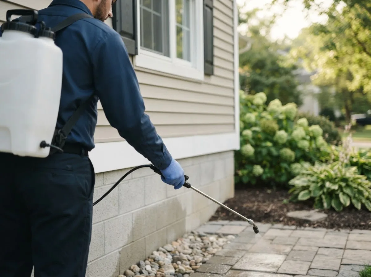 Pest control technician inspecting a home in Lake Delton, WI